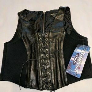 Black Leather Vest "Biker's Club" Corset Lace Up